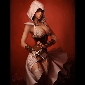 Female Assassin in White Hood and Corset Holding Dual Daggers Against Red Background HD wallpaper