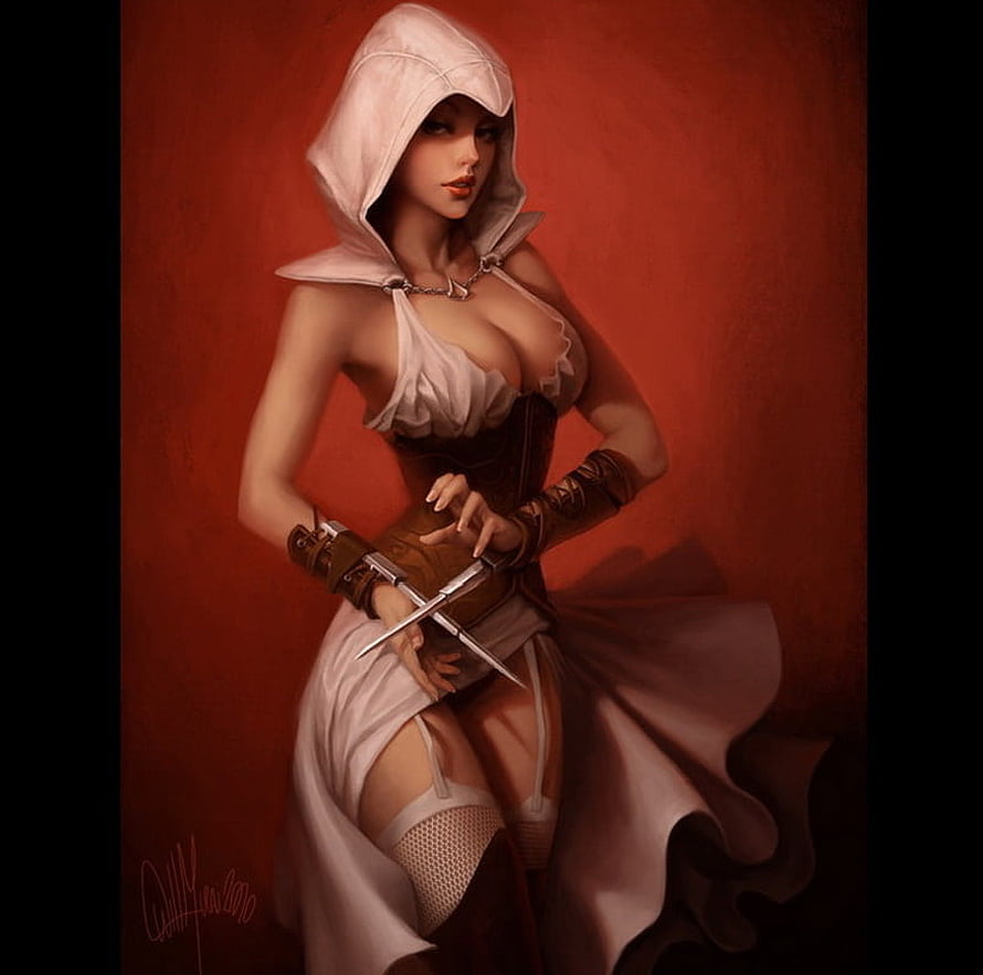 Female Assassin in White Hood and Corset Holding Dual Daggers Against Red Background HD wallpaper