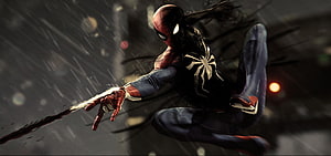 Spider-Man Dark Claw leaping through a rainy cityscape in a dynamic action pose HD wallpaper