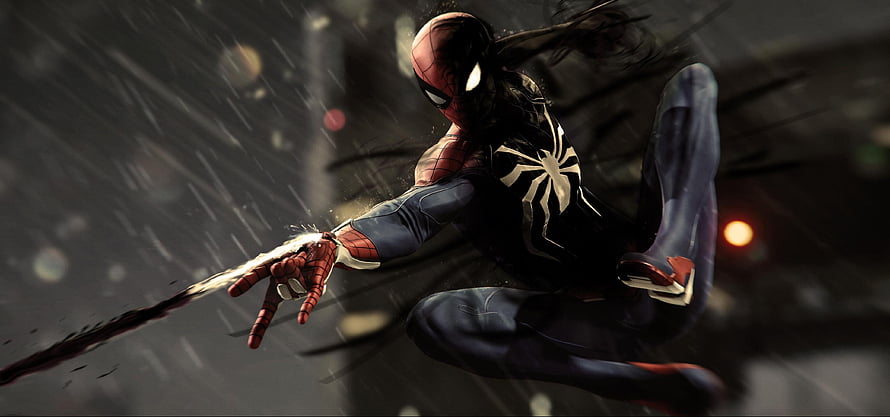 Spider-Man Dark Claw leaping through a rainy cityscape in a dynamic action pose HD wallpaper
