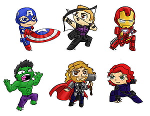 Cute Chibi Avengers Team Illustration Featuring Captain America, Iron Man, Thor, Hulk, Hawkeye, and Black Widow HD wallpaper