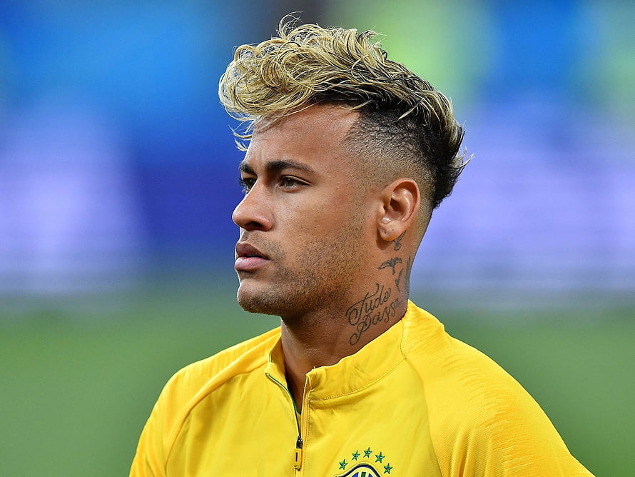 Neymar in Brazil National Team Training Kit with Distinctive Blonde Hair and Neck Tattoo HD wallpaper