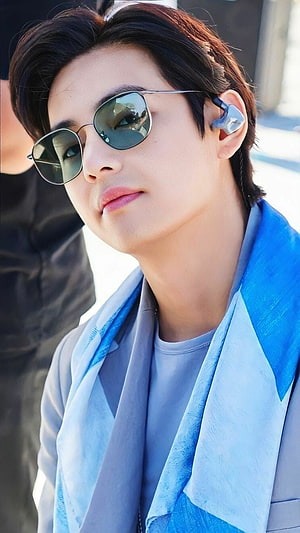 Kim Taehyung BTS Member Wearing Aviator Sunglasses and Blue Scarf HD phone wallpaper