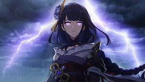 Raiden Shogun from Genshin Impact standing in a storm with purple lightning and glowing eyes HD wallpaper