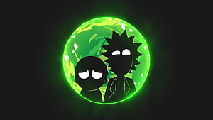 Rick and Morty Silhouettes Against Glowing Green Planet in Dark Space HD wallpaper