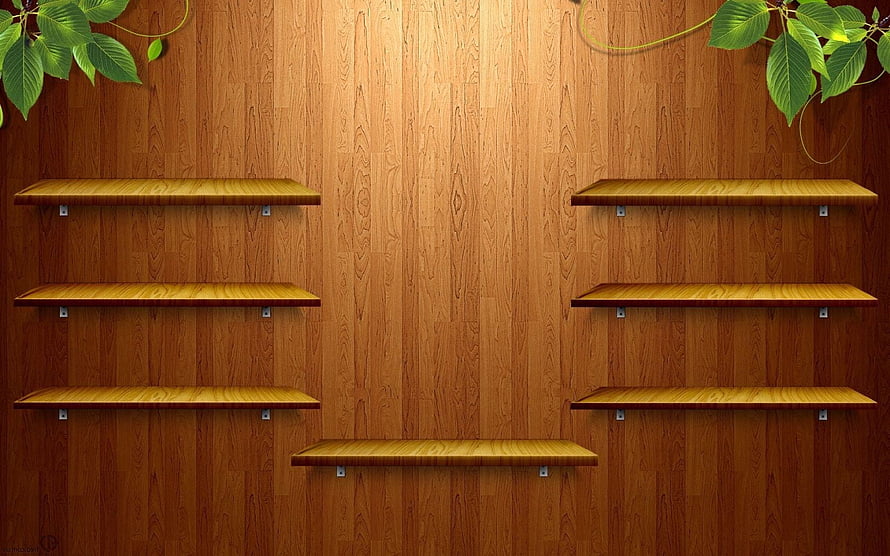 Empty Wooden Wall Shelves Against a Warm Oak Panel Background with Green Leaf Accents HD wallpaper