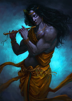 Krishna Playing the Flute in Golden Attire Against a Mystical Blue Background HD phone wallpaper