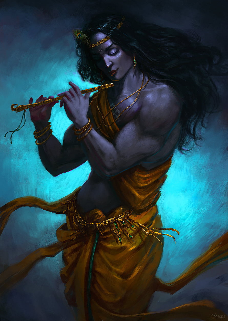 Krishna Playing the Flute in Golden Attire Against a Mystical Blue Background HD phone wallpaper