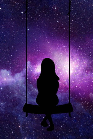 Silhouette of a Girl on a Swing Against a Purple Nebula and Starry Night Sky HD phone wallpaper
