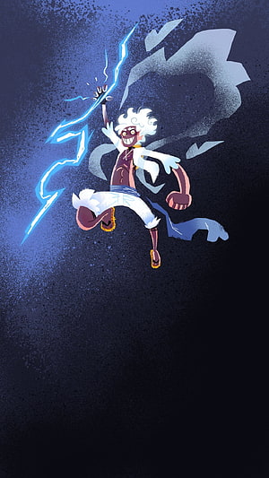 Monkey D. Luffy Gear 5 Nika Form Wielding Lightning in Dark Blue Anime Illustration HD phone wallpaper