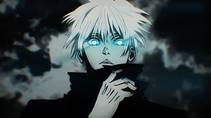 Gojo Satoru from Jujutsu Kaisen with glowing blue eyes against a dark stormy sky HD wallpaper