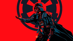 Darth Vader in Iconic Black Armor with Imperial Crest on Bold Red Background HD wallpaper