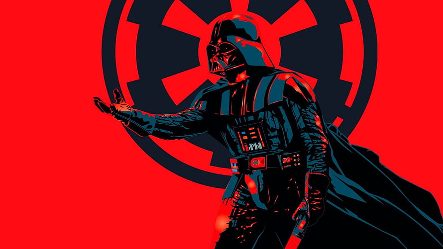 Darth Vader in Iconic Black Armor with Imperial Crest on Bold Red Background HD wallpaper