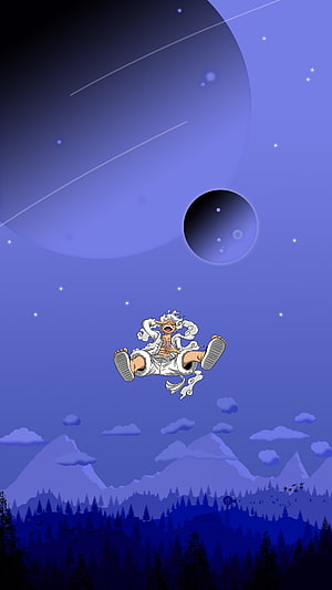 Luffy Gear 5 Floating in a Dreamy Night Sky Above Snowy Mountains HD phone wallpaper