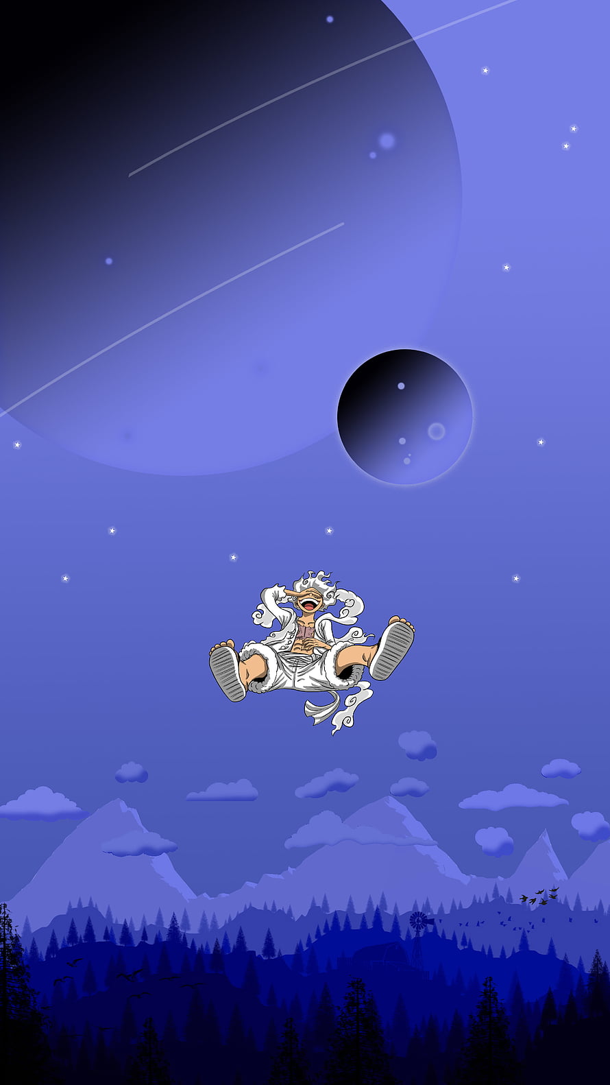 Luffy Gear 5 Floating in a Dreamy Night Sky Above Snowy Mountains HD phone wallpaper