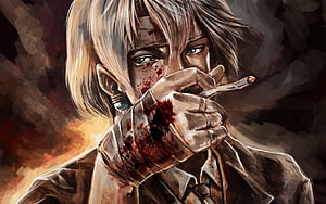 Anime Boy With Bandaged Hand Smoking Cigarette Amidst Blood Splatter HD wallpaper