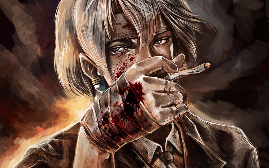 Anime Boy With Bandaged Hand Smoking Cigarette Amidst Blood Splatter HD wallpaper
