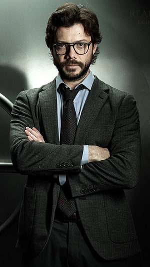 Professor Character Portrait from Money Heist in Dark Herringbone Suit HD phone wallpaper