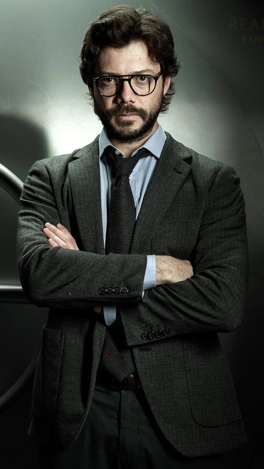 Professor Character Portrait from Money Heist in Dark Herringbone Suit HD phone wallpaper