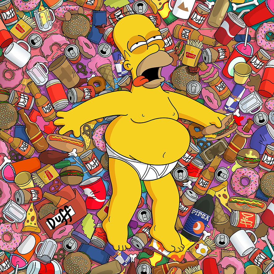 Homer Simpson in Underwear Surrounded by Junk Food and Duff Beer Cans HD phone wallpaper