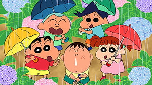 Crayon Shin-chan Kids Holding Umbrellas in the Rain Among Hydrangeas HD wallpaper