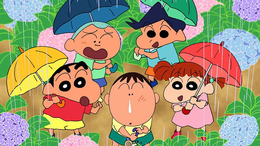 Crayon Shin-chan Kids Holding Umbrellas in the Rain Among Hydrangeas HD wallpaper