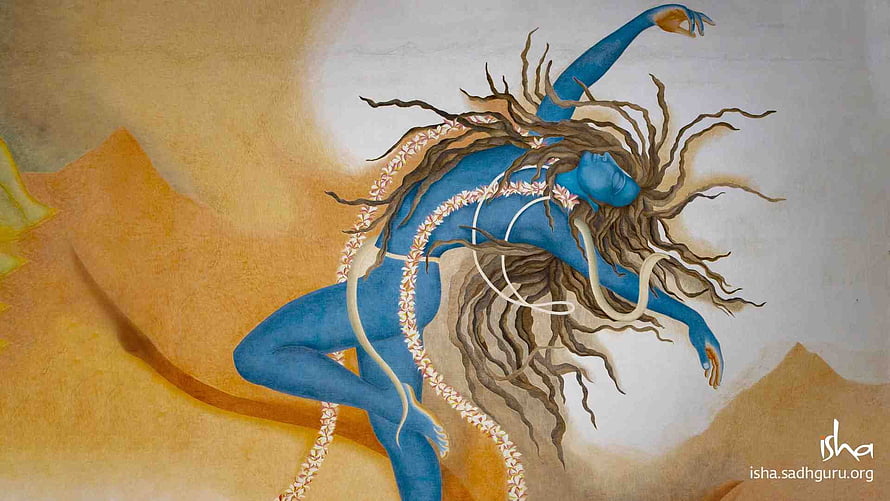 Adiyogi Shiva in Dynamic Dance Pose with Flowing Hair and Floral Garland HD wallpaper