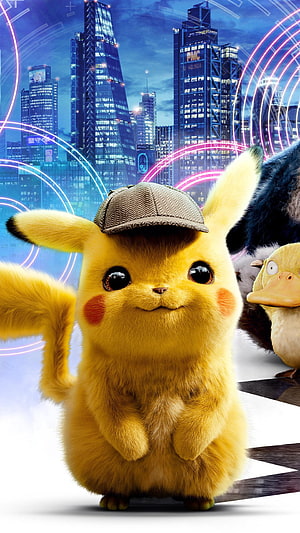 Detective Pikachu in a Futuristic Neon City with Psyduck and a Furry Companion HD phone wallpaper
