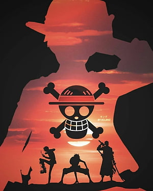 One Piece Straw Hat Pirates Silhouette Artwork Against Dramatic Sunset Sky HD phone wallpaper