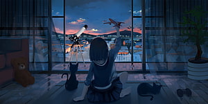 Anime Girl Watching Sunset Cityscape with Telescope and Cats HD wallpaper