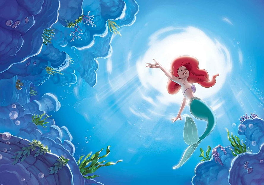 Ariel from The Little Mermaid Swimming Toward Sunlight in an Underwater Scene HD wallpaper