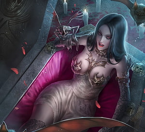 Gothic Vampire Lady in Ornate Coffin with Bats and Candles HD wallpaper