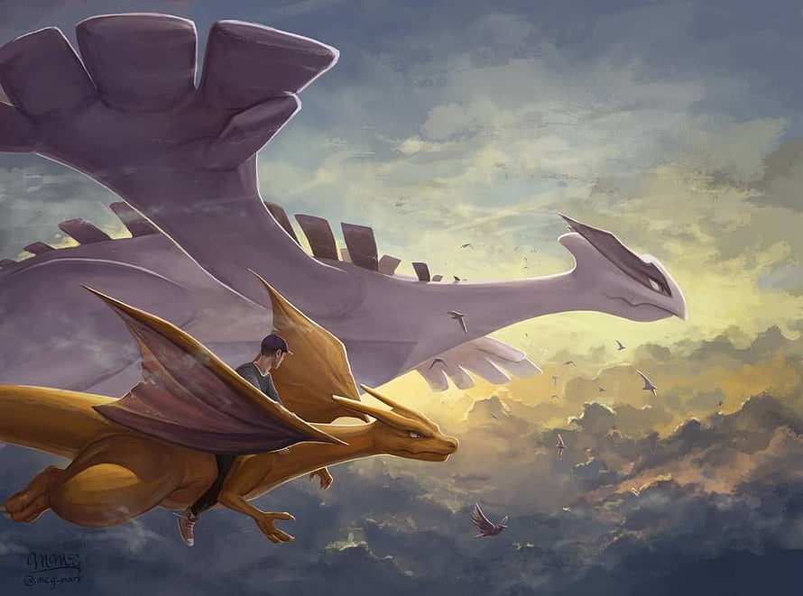 Lugia and Dragonite Flying Through Dramatic Clouds in Fantasy Pokemon Art HD wallpaper