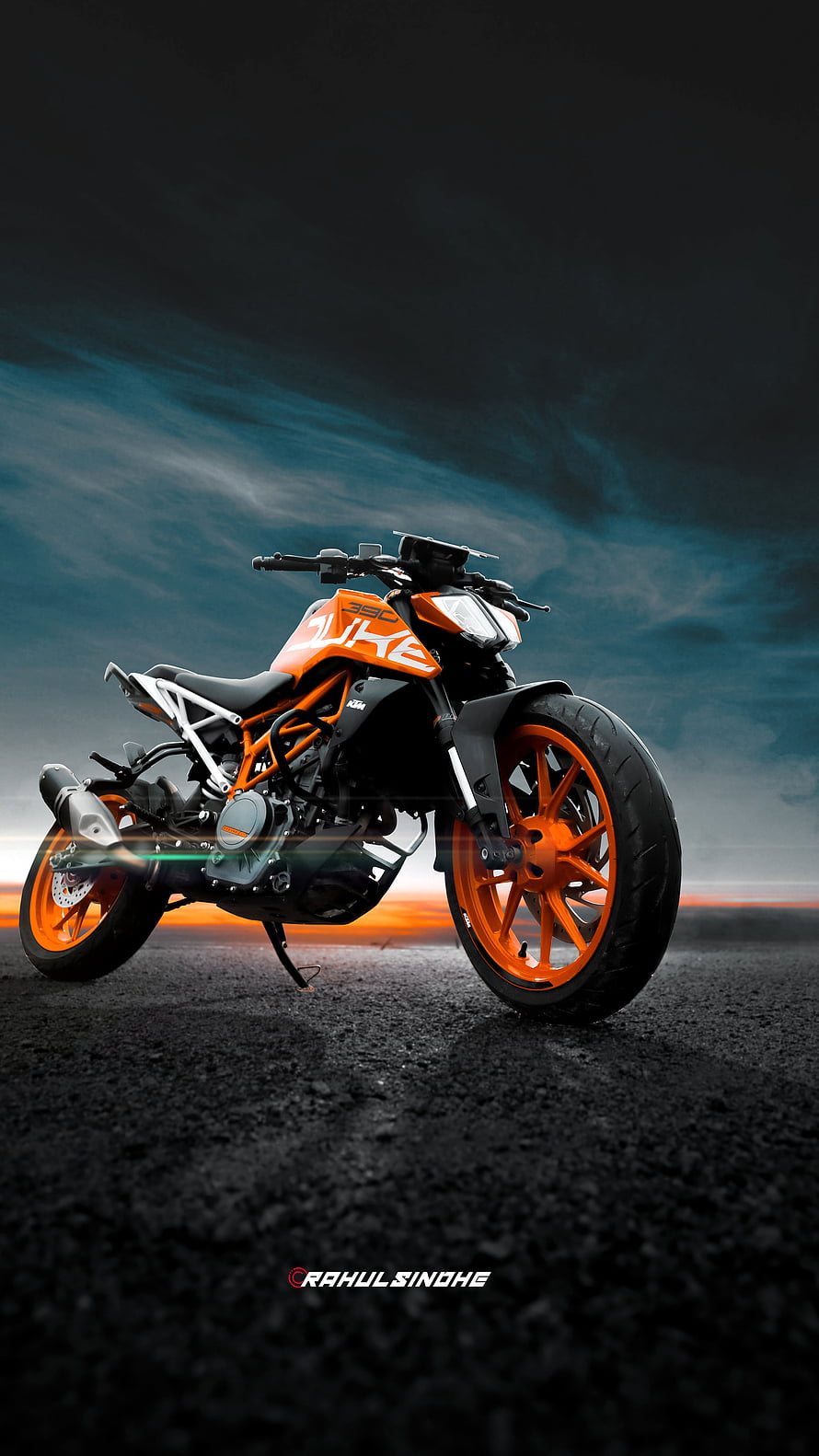 KTM 390 Duke Orange Naked Motorcycle on Dark Asphalt Road at Sunset HD phone wallpaper