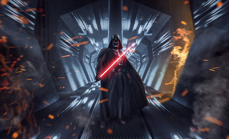 Darth Vader Wielding Red Lightsaber in Industrial Corridor with Flying Sparks HD wallpaper