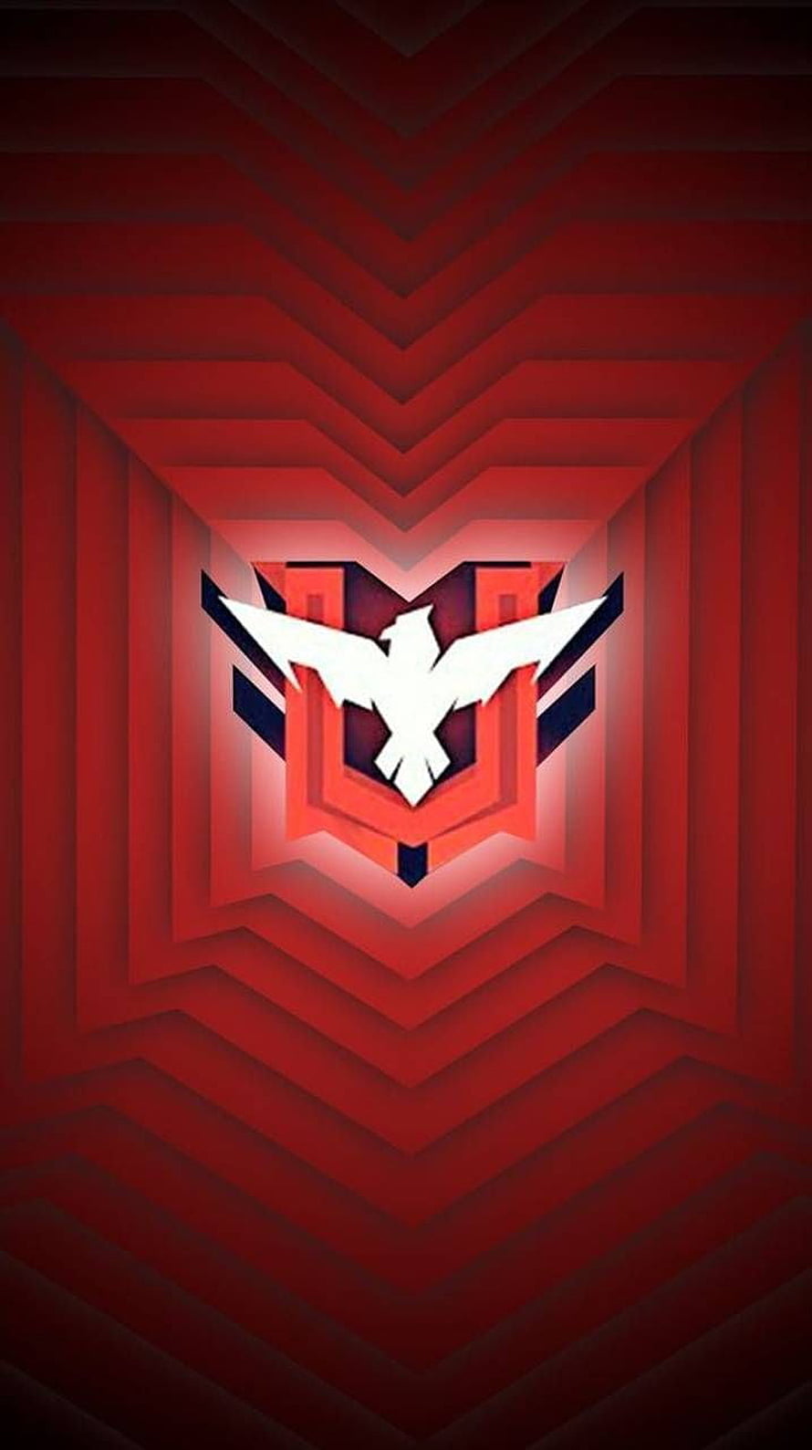 Garena Free Fire emblem centered in a deep red geometric tunnel with layered chevron patterns and dramatic lighting HD phone wallpaper