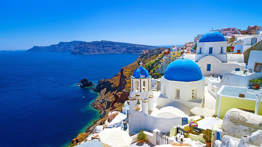 Santorini Greece: Iconic Blue Dome Churches Overlooking the Aegean Sea HD wallpaper