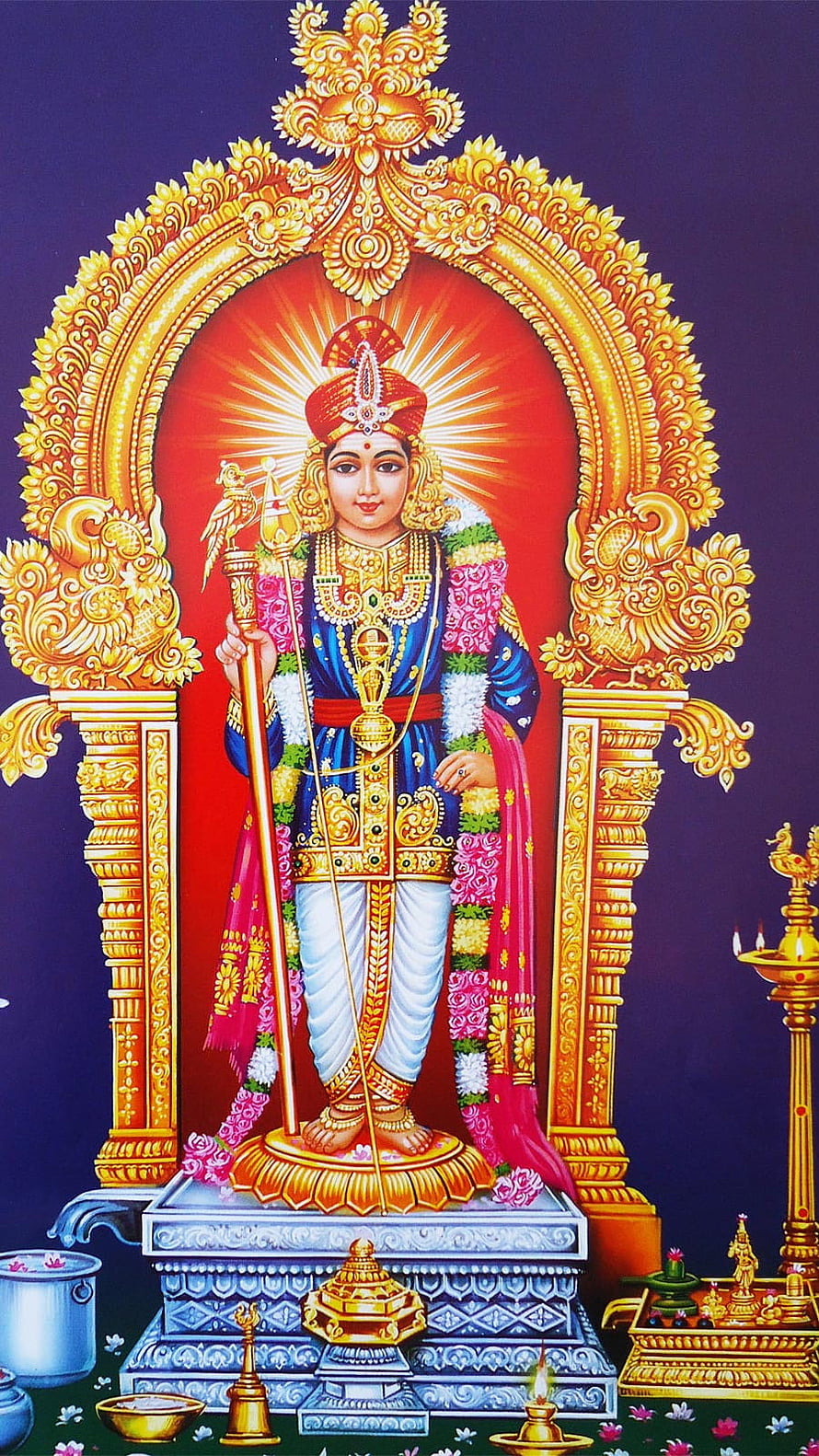 Lord Murugan Deity Painting with Golden Arch and Sacred Offerings HD phone wallpaper