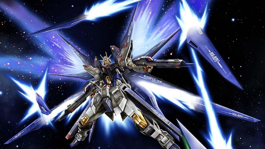 Strike Freedom Gundam in Dynamic Space Battle with Winged Mobile Suit HD wallpaper