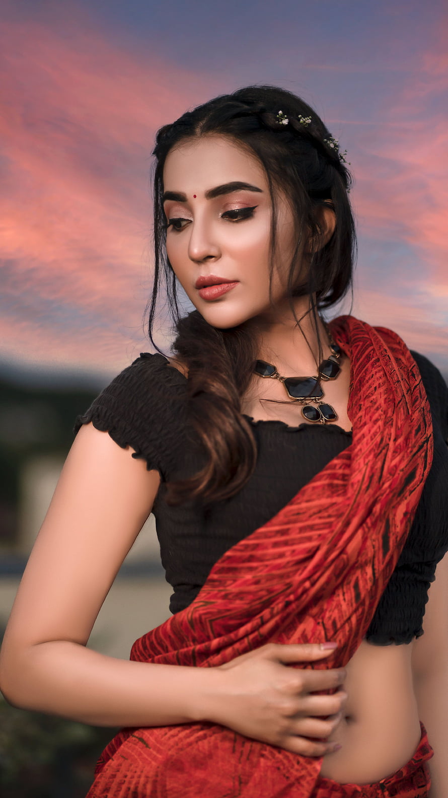 Parvati Nair in a red patterned sari and black blouse against a sunset sky HD phone wallpaper