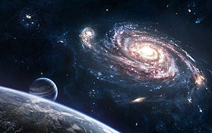 Spiral Galaxy and Planets in Deep Space Sci-Fi Digital Art HD wallpaper