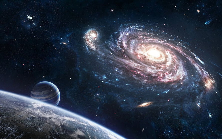 Spiral Galaxy and Planets in Deep Space Sci-Fi Digital Art HD wallpaper