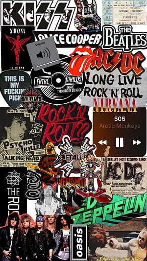 Classic Rock Band Logo Collage Poster Featuring Kiss, Nirvana, ACDC, Beatles, Metallica, Guns N Roses, Led Zeppelin, Oasis, Aerosmith, Pink Floyd, Alice Cooper, Talking Heads, Arctic Monkeys HD phone wallpaper