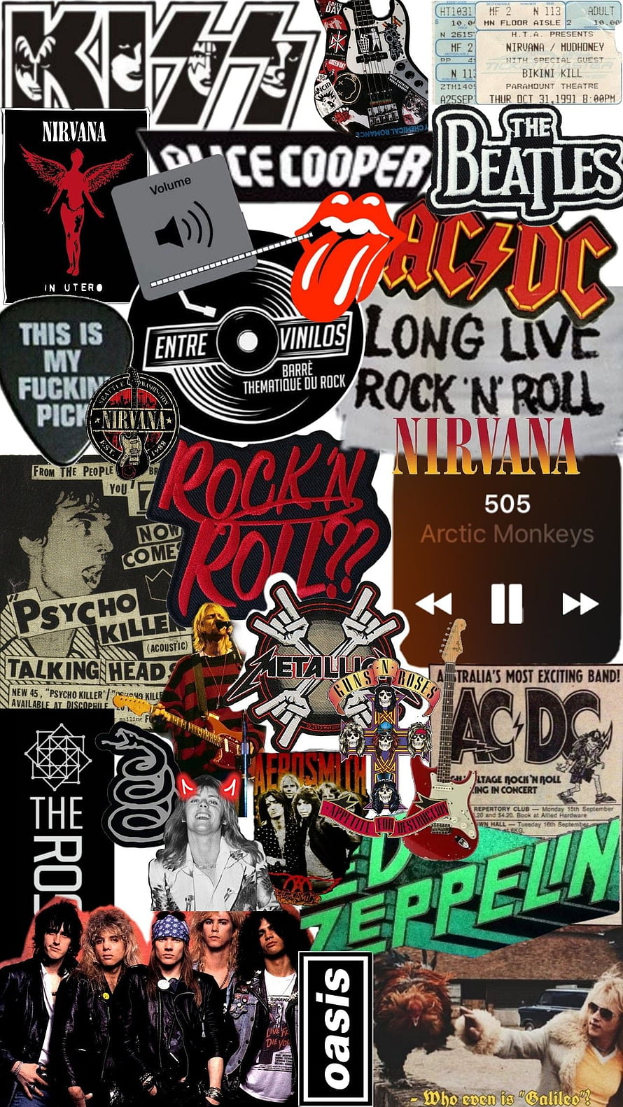 Classic Rock Band Logo Collage Poster Featuring Kiss, Nirvana, ACDC, Beatles, Metallica, Guns N Roses, Led Zeppelin, Oasis, Aerosmith, Pink Floyd, Alice Cooper, Talking Heads, Arctic Monkeys HD phone wallpaper