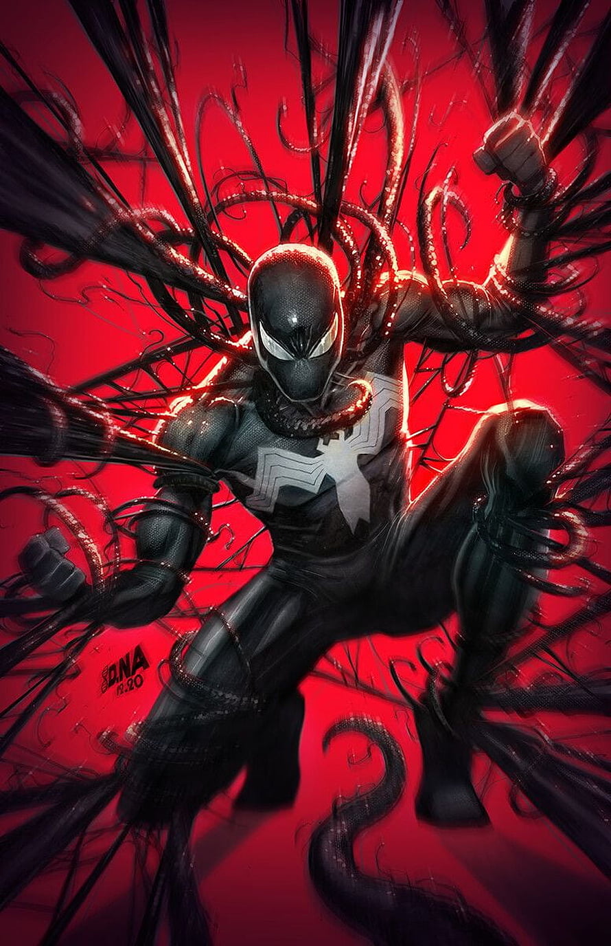 Symbiote Spider-Man in Black Suit with Tentacles on Red Background HD phone wallpaper