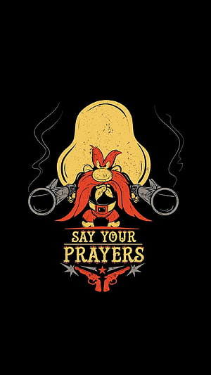 Yosemite Sam Western Cartoon Illustration with Revolvers and Gas Mask on Black Background HD phone wallpaper