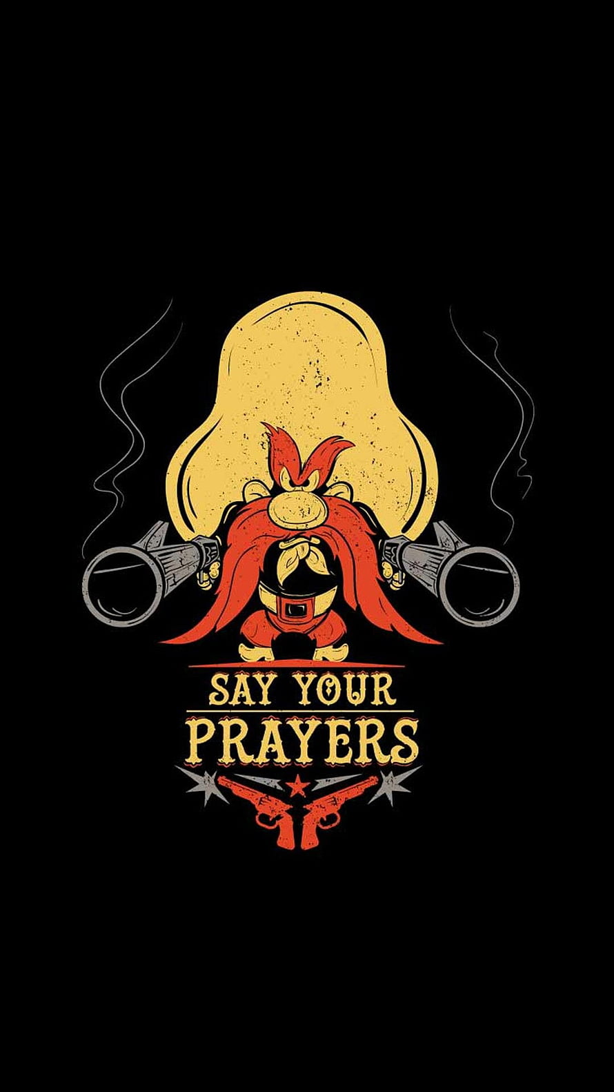 Yosemite Sam Western Cartoon Illustration with Revolvers and Gas Mask on Black Background HD phone wallpaper