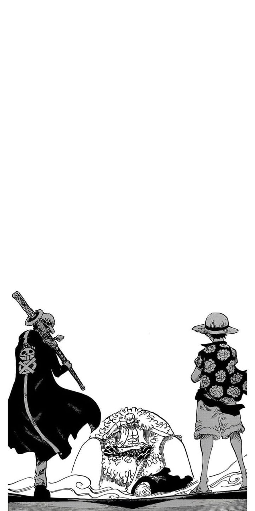 One Piece Manga Panel Featuring Law, Luffy, and Doflamingo in Black and White HD phone wallpaper
