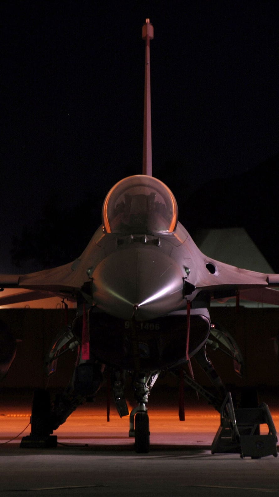 General Dynamics F-16 Fighting Falcon Front View at Night on Tarmac HD phone wallpaper