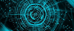 Futuristic Cyan Digital Interface with Concentric Circuits and Hexagonal Patterns HD wallpaper